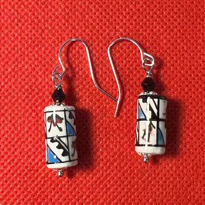 Vintage Peruvian Hand Painted Beaded Earrings on Silver Tone French Hooks
